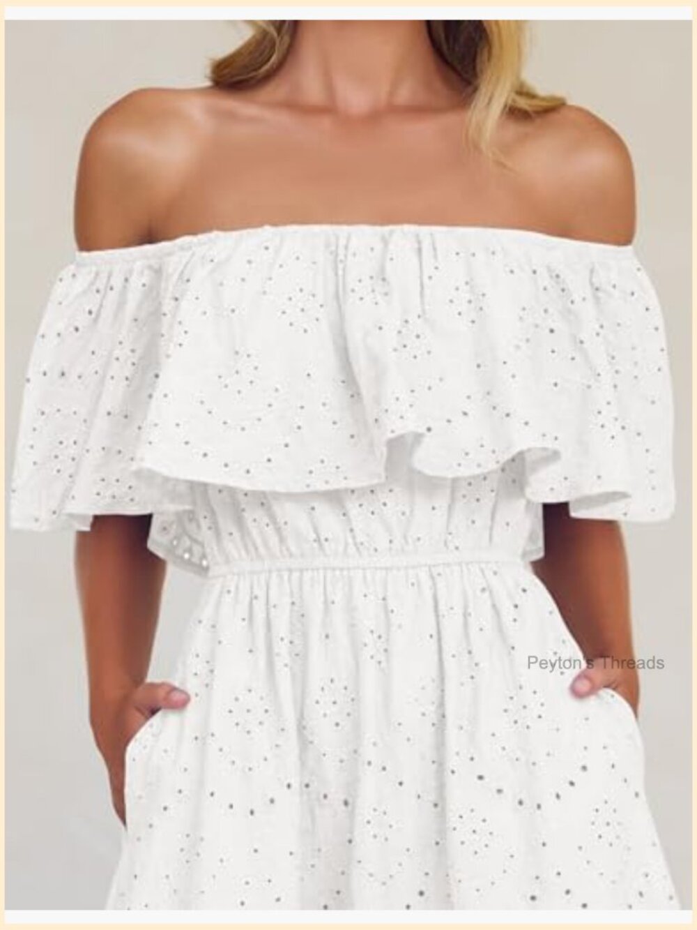 Off Shoulder Ruffle Midi Dress Short Sleeve High Waist Hollow Out Embroidery - Picture 5 of 7